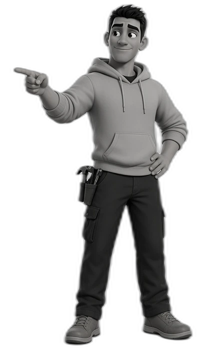 Grey, a greyscale cartoon tradesman in a light hoodie and tool belt, pointing