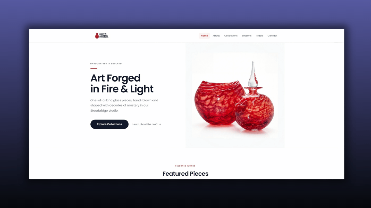 The redesigned Martin Andrews Glassblowing website homepage